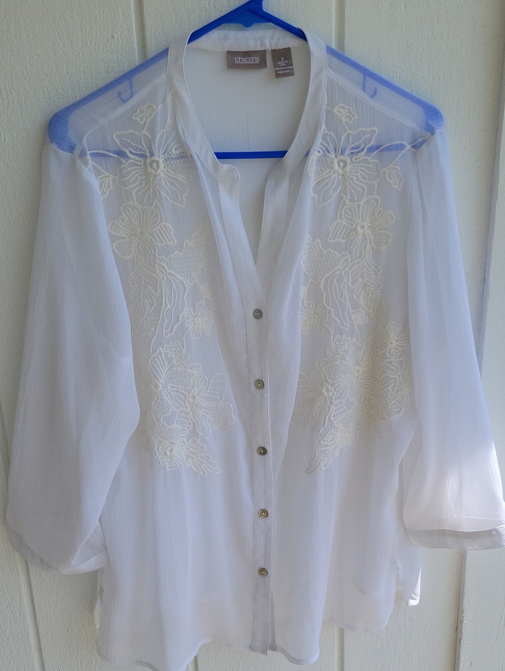 Chico's White Sheer Embroidered Button-Down Shirt